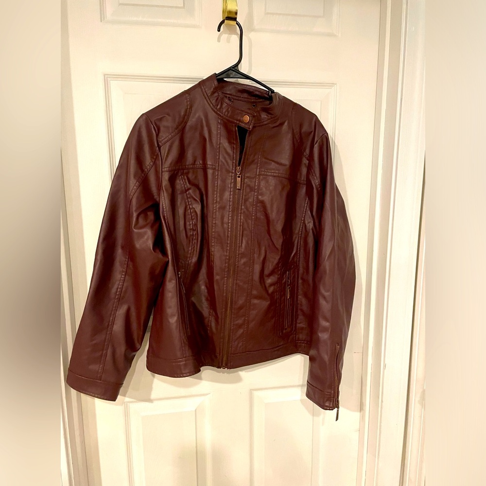 J2 burgundy/brown faux leather moto jacket sz 1x